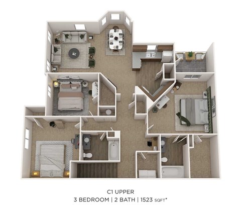 Floor plan for 3 beds, 2 baths, 1523 sqft
