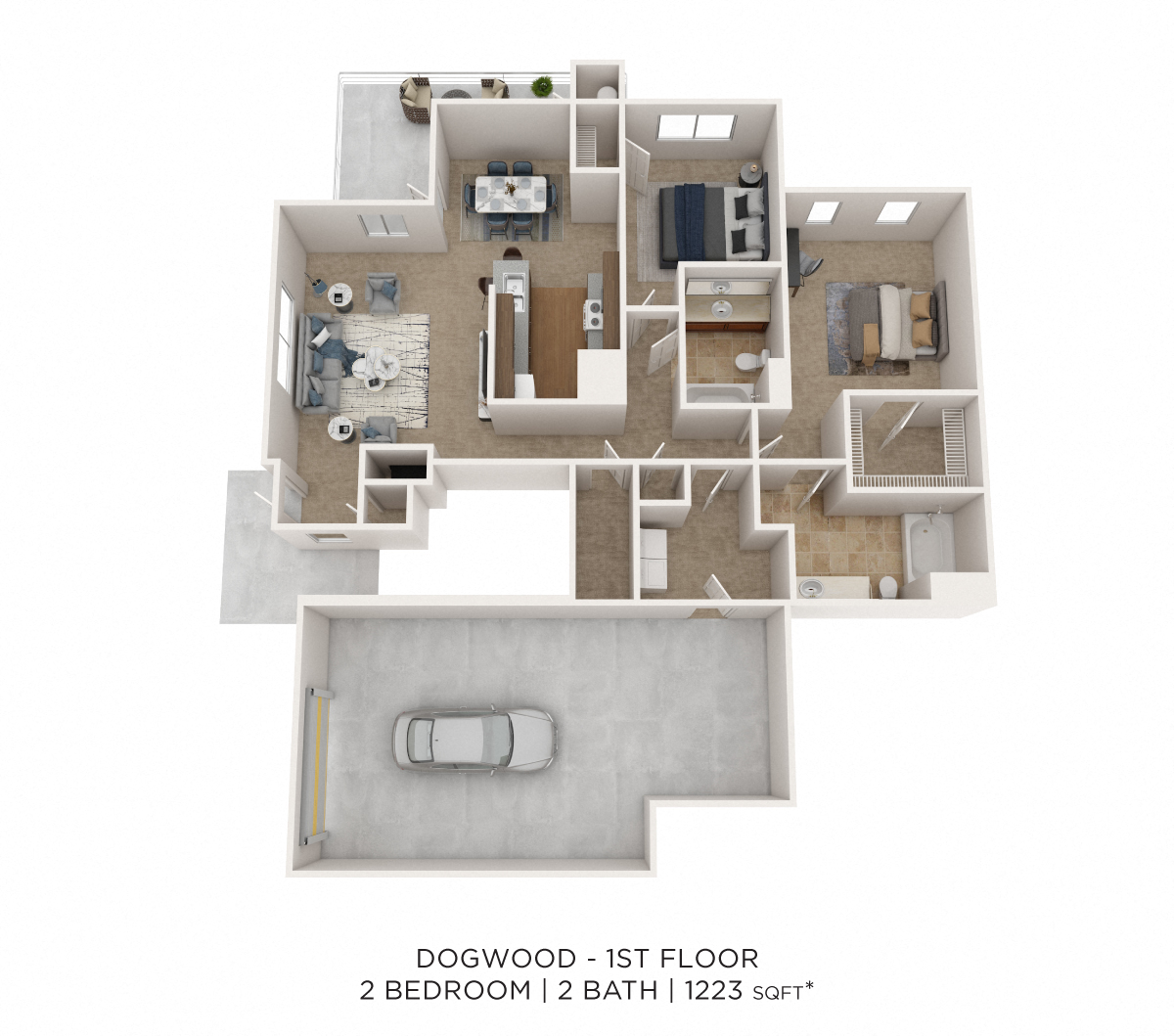 Floor plan for 2 beds, 2 baths, 1223 sqft