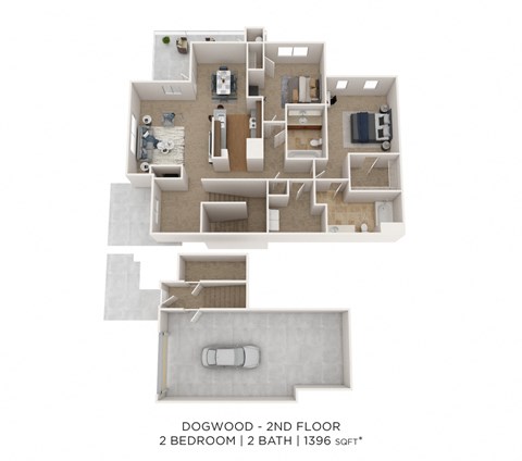 Floor plan for 2 beds, 2 baths, 1396 sqft