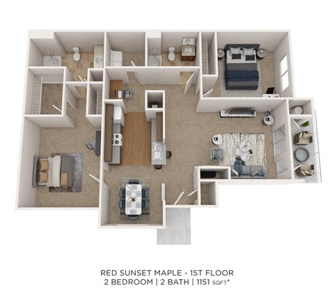 Floor plan for 2 beds, 2 baths, 1151 sqft