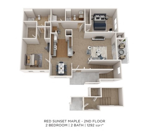 Floor plan for 2 beds, 2 baths, 1292 sqft