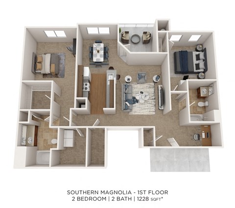 Floor plan for 2 beds, 2 baths, 1228 sqft