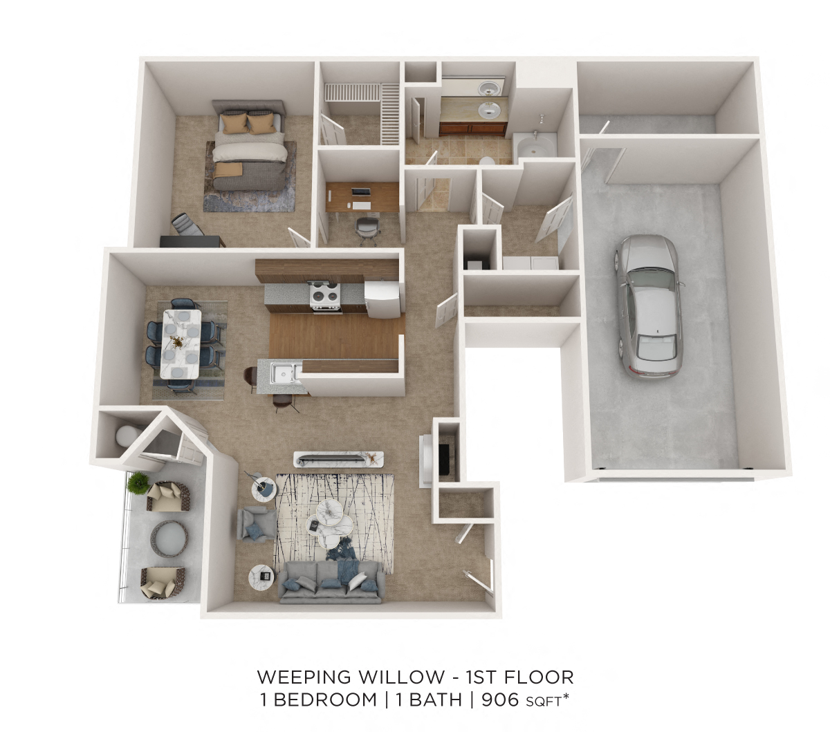 Floor plan for 1 bed, 1 bath, 906 sqft