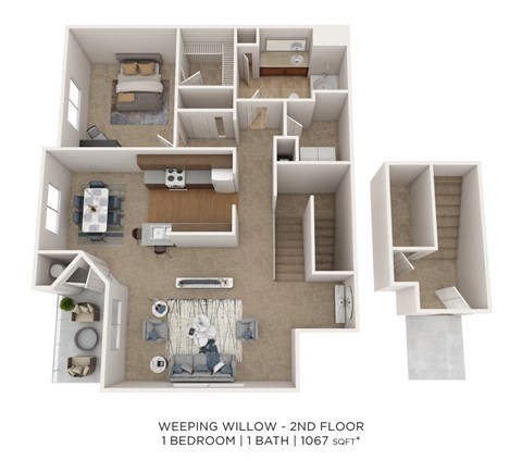 Floor plan for 1 bed, 1 bath, 1067 sqft