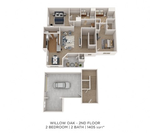 Floor plan for 2 beds, 2 baths, 1405 sqft