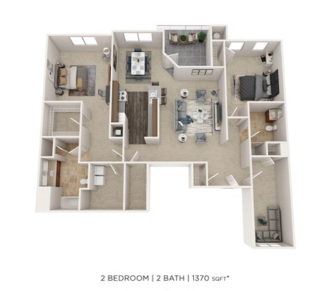 Floor plan for 2 beds, 2 baths, 1370 sqft