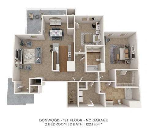 Floor plan for 2 beds, 2 baths, 1223 sqft