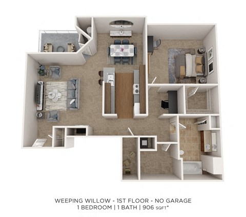 Floor plan for 1 bed, 1 bath, 906 sqft