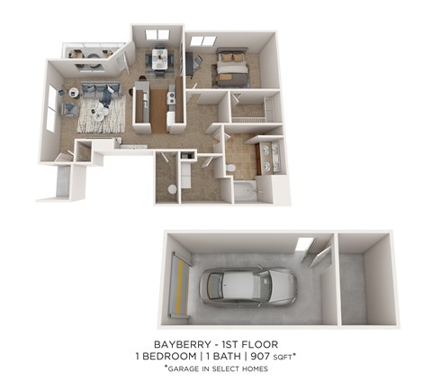 Floor plan for 1 bed, 1 bath, 907 sqft
