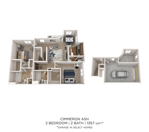 Floor plan for 2 beds, 2 baths, 1357 sqft