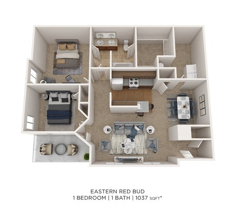 Floor plan for 1 bed, 1 bath, 1037 sqft