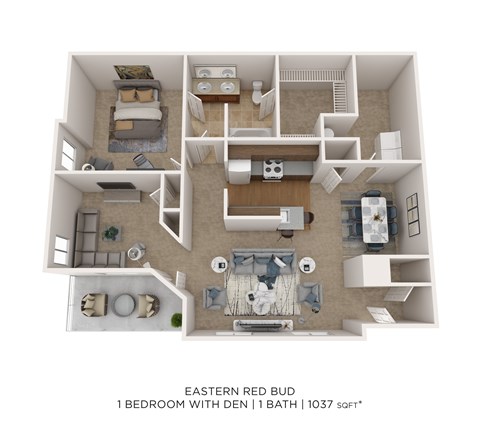 Floor plan for 1 bed, 1 bath, 1037 sqft
