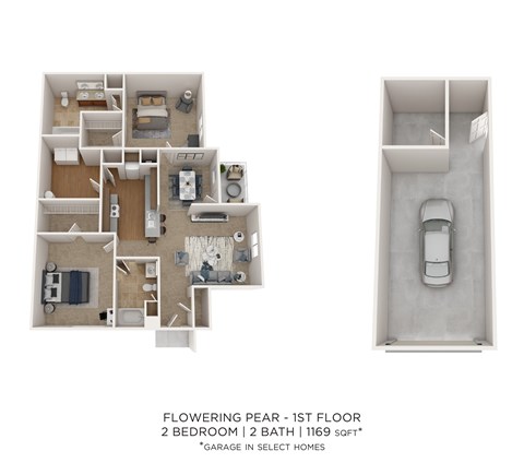 Floor plan for 2 beds, 2 baths, 1169 sqft