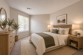 Columbia apartment for rent - A bedroom with a large bed, a dresser, and a window.