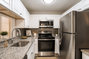 Columbia apartment for rent - A modern kitchen with a stainless steel refrigerator and a black stove top oven.