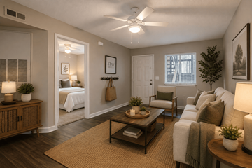 Rock Hill apartment for rent - A living room with a brown rug and a brown coffee table.