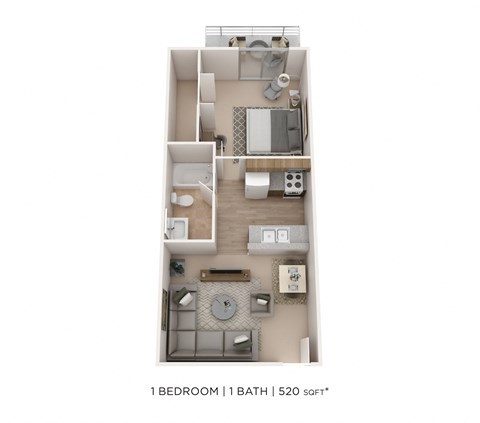Floor plan for 1 bed, 1 bath, 520 sqft