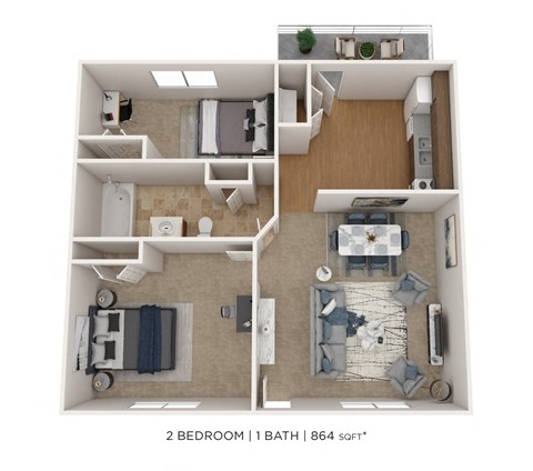 Floor plan for 2 beds, 1 bath, 864 sqft