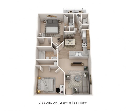 Floor plan for 2 beds, 2 baths, 864 sqft