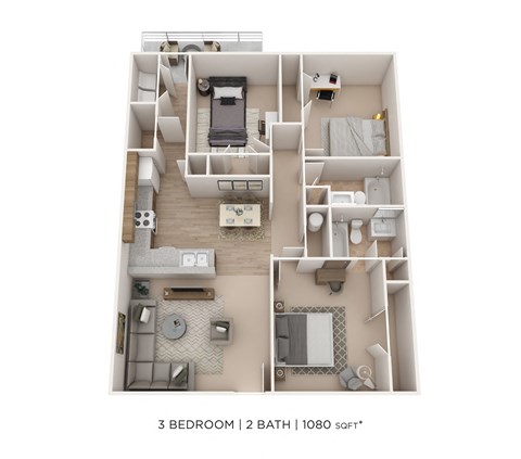 Floor plan for 3 beds, 2 baths, 1080 sqft