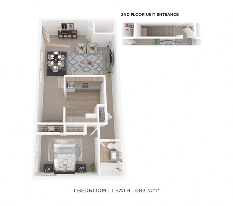 Floor plan for 1 bed, 1 bath, 683 sqft