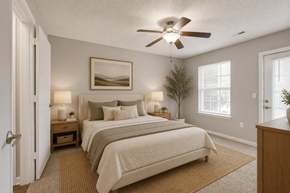 High Point apartment for rent - A bedroom with a large bed and a ceiling fan.