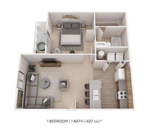 Floor plan for 1 bed, 1 bath, 627 sqft