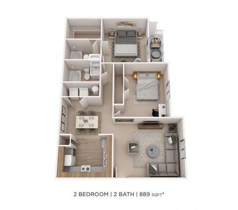 Floor plan for 2 beds, 2 baths, 889 sqft