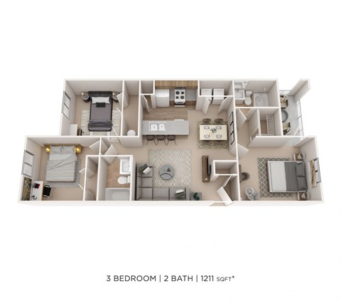 Floor plan for 3 beds, 2 baths, 1211 sqft