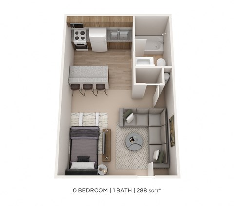 Floor plan for studio, 1 bath, 288 sqft