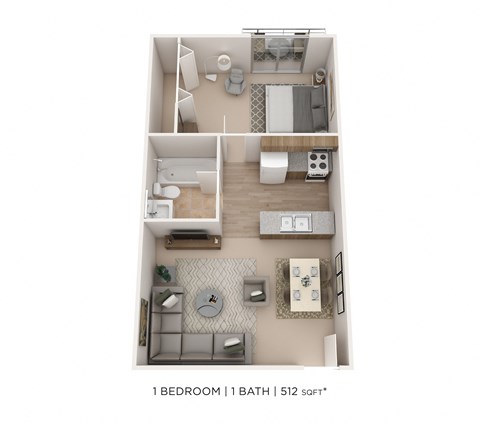Floor plan for 1 bed, 1 bath, 512 sqft