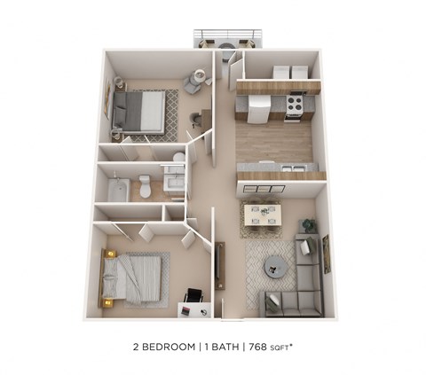 Floor plan for 2 beds, 1 bath, 768 sqft