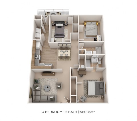 Floor plan for 3 beds, 2 baths, 960 sqft