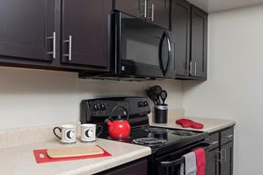 Louisville apartment for rent - A kitchen with a black stove top and a black microwave above it.