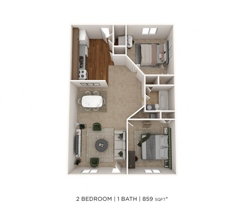Floor plan for 2 beds, 1 bath, 870 sqft