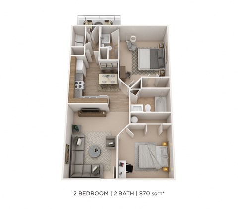 Floor plan for 2 beds, 2 baths, 870 sqft