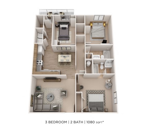 Floor plan for 3 beds, 2 baths, 1080 sqft