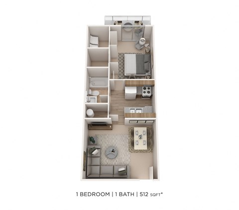 Floor plan for 1 bed, 1 bath, 512 sqft