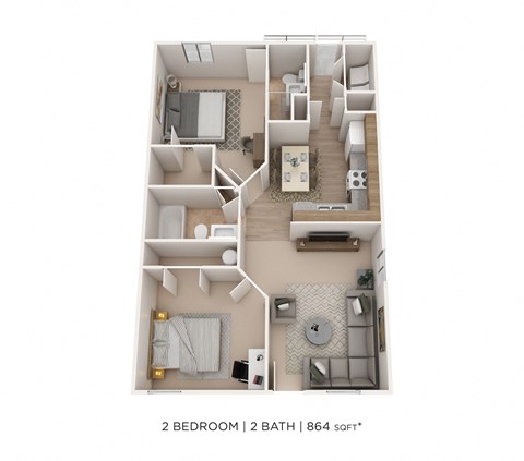 Floor plan for 2 beds, 2 baths, 907 sqft