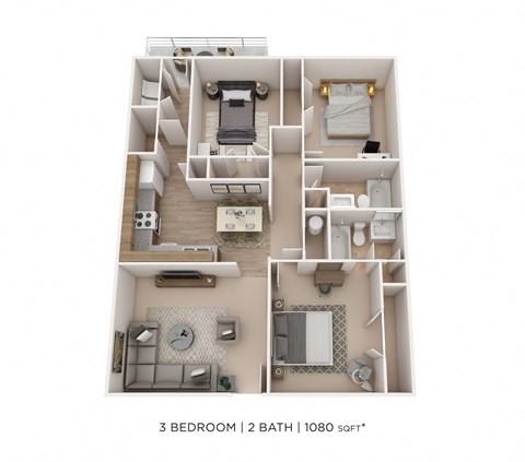 Floor plan for 3 beds, 2 baths, 1080 sqft