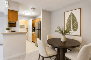 Schaumburg apartment for rent - A dining room with a table and chairs and a leafy plant on the table.