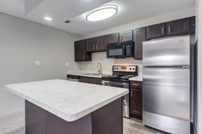 Schaumburg apartment for rent - a kitchen with stainless steel appliances and a marble counter top
