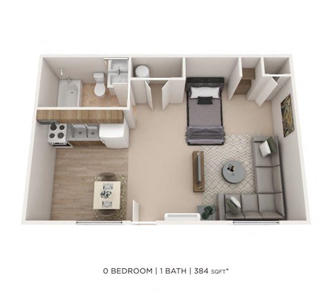 Floor plan for studio, 1 bath, 384 sqft