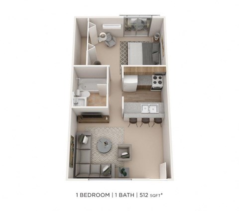 Floor plan for 1 bed, 1 bath, 512 sqft