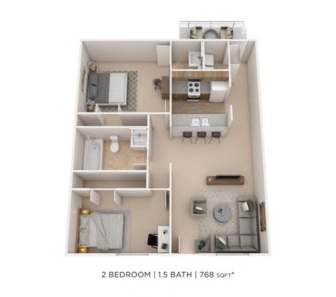 Floor plan for 2 beds, 1.5 baths, 768 sqft