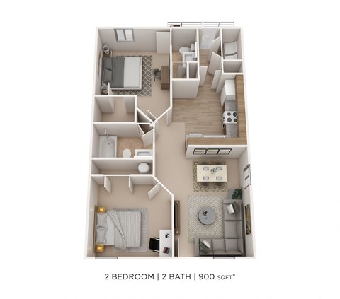 Floor plan for 2 beds, 2 baths, 900 sqft