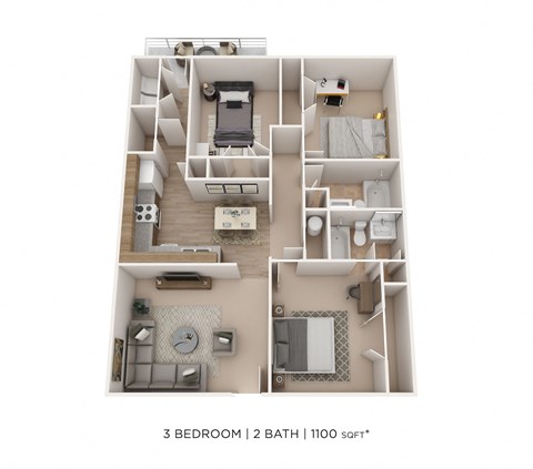 Floor plan for 3 beds, 2 baths, 1100 sqft