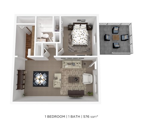 Floor plan for 1 bed, 1 bath, 576 sqft
