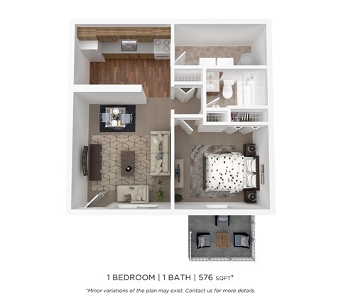 Floor plan for 1 bed, 1 bath, 576 sqft