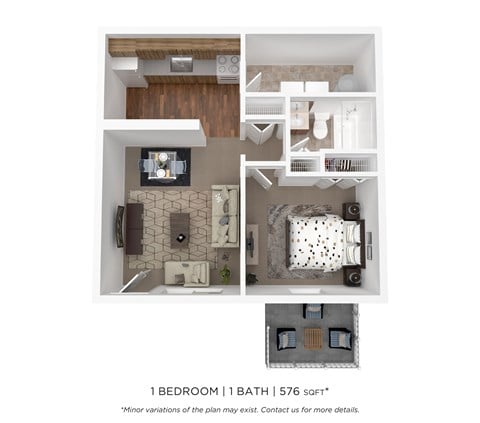 Floor plan for 1 bed, 1 bath, 576 sqft